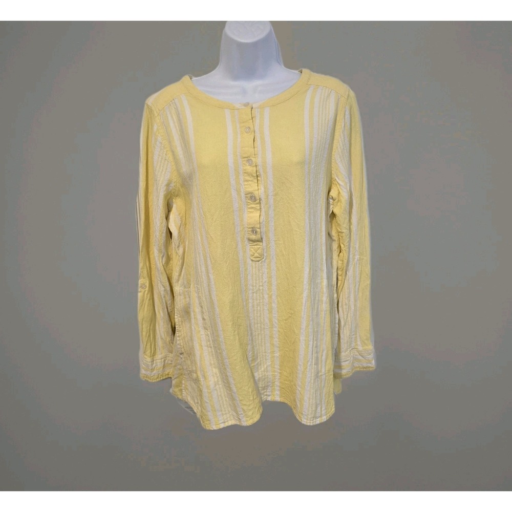 Denim & Co. Women's Linen Blend 1/2 Button Up‎ Tunic Blouse Pockets Size L